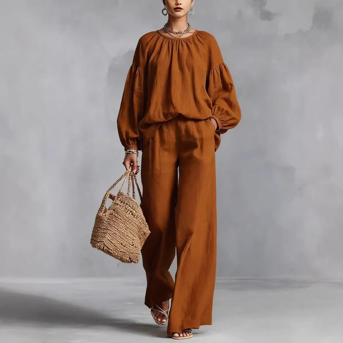 Women's Cotton-Linen Lantern-Sleeve Wide-Leg Pants Set