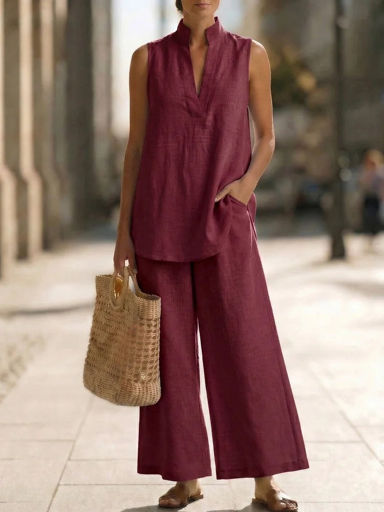 Women's Sleeveless V-Neck Casual Cotton And Linen Set