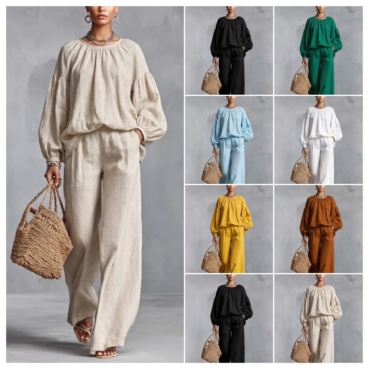Women's Cotton-Linen Lantern-Sleeve Wide-Leg Pants Set
