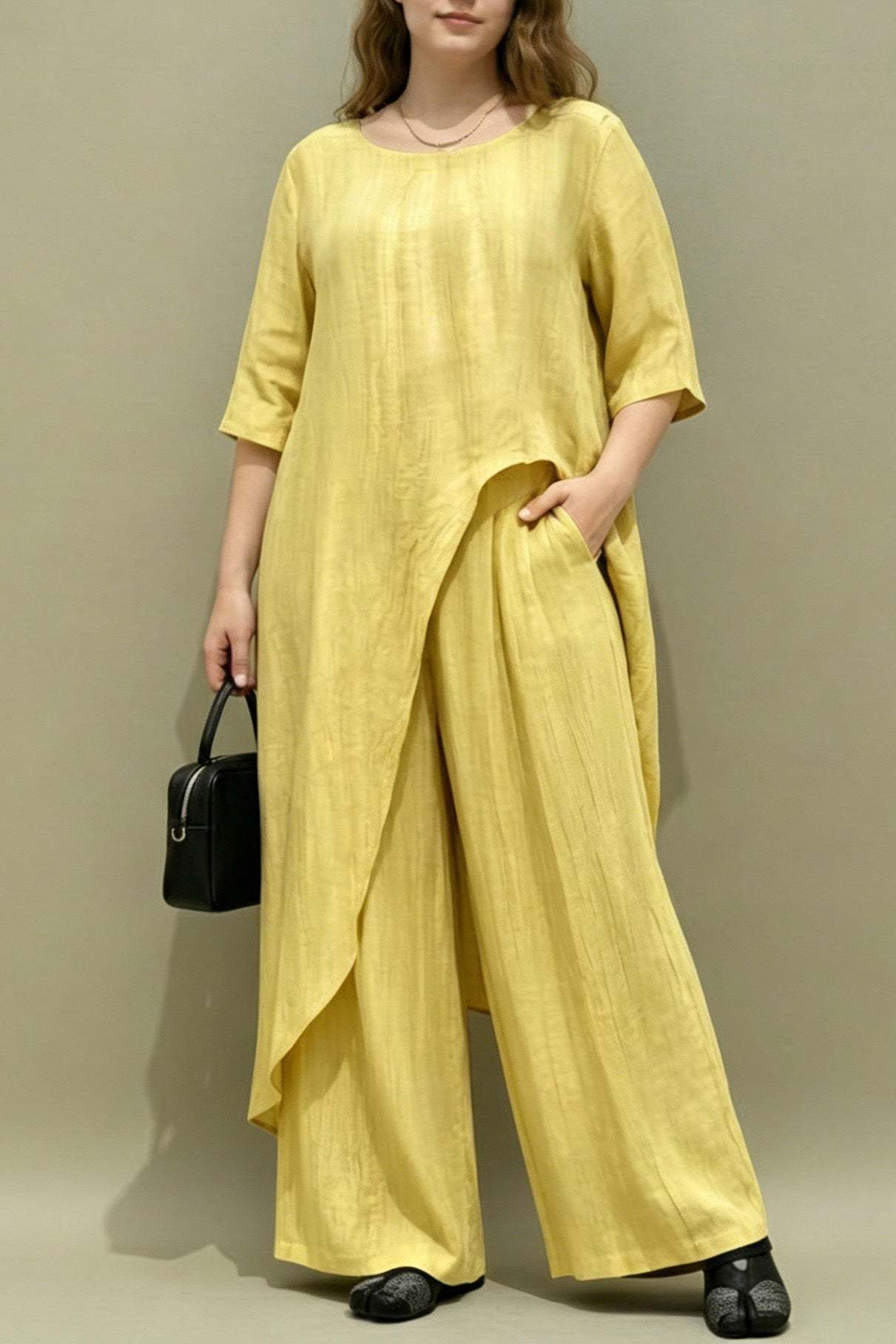 Womens Retro Casual Loose Top And Wide-Leg Pants Two-Piece Set