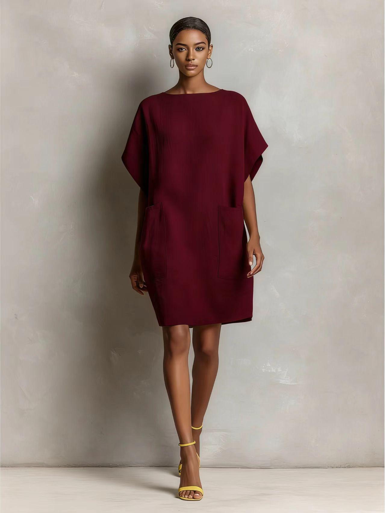 Womens Loose-Fitting Boatneck Dress With Batwing Sleeves And Large Pockets