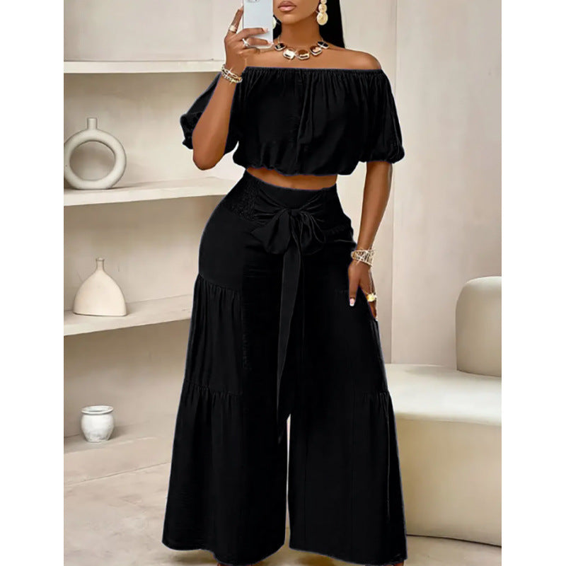 High-waisted Solid-color Flared Pants With Tie Detailing And A Flowing Drape