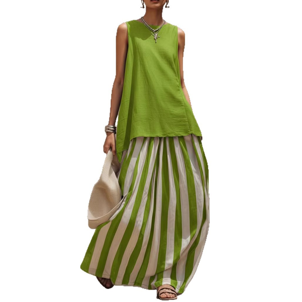 Sleeveless Striped Fashionable Vacation Set