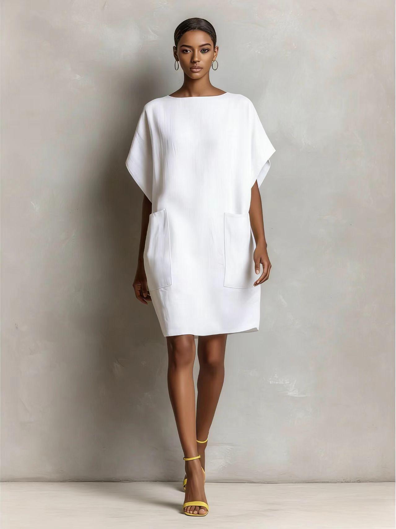 Womens Loose-Fitting Boatneck Dress With Batwing Sleeves And Large Pockets