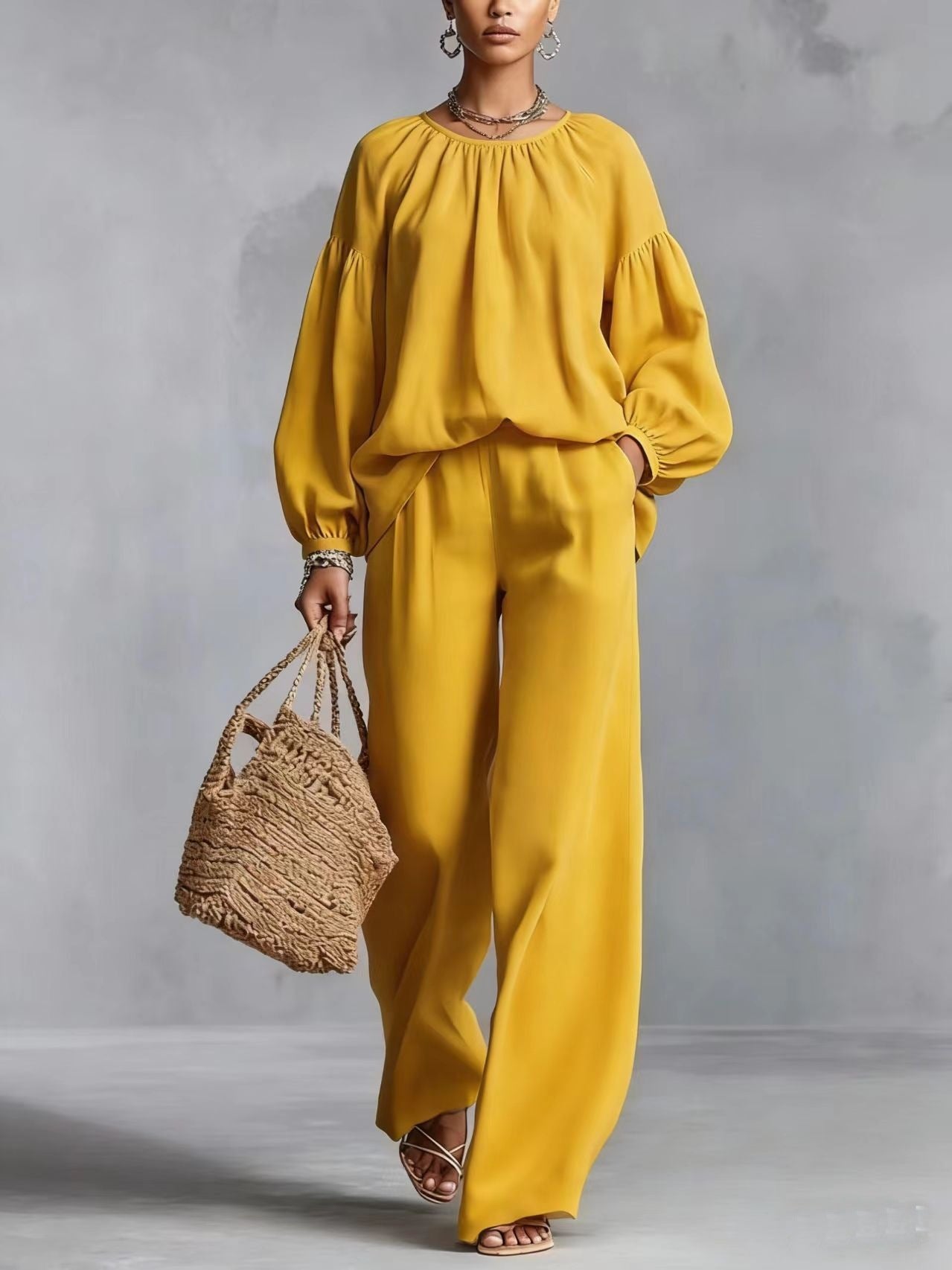 Women's Cotton-Linen Lantern-Sleeve Wide-Leg Pants Set