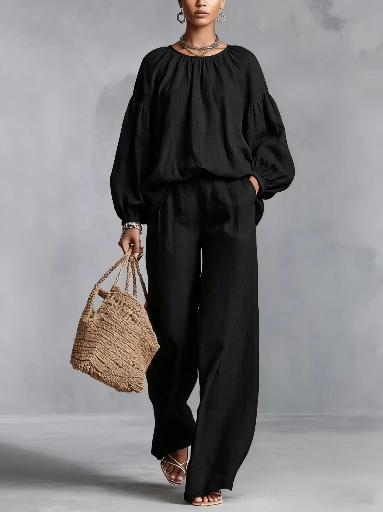 Women's Cotton-Linen Lantern-Sleeve Wide-Leg Pants Set