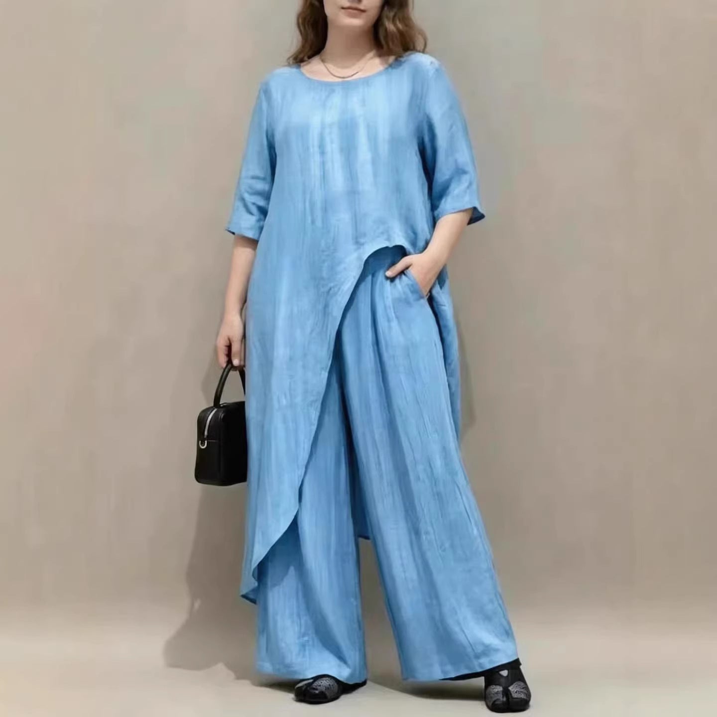 Womens Retro Casual Loose Top And Wide-Leg Pants Two-Piece Set