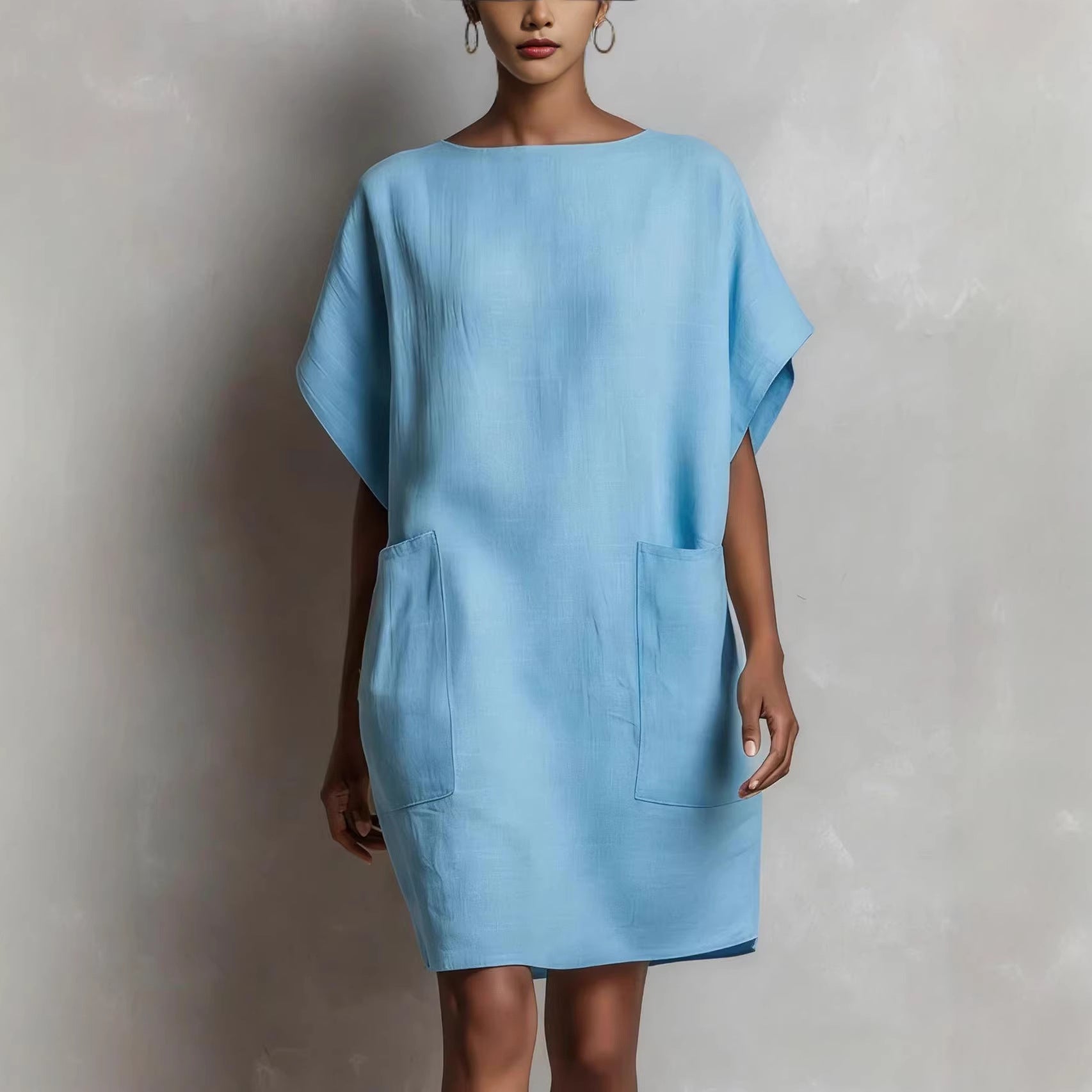 Womens Loose-Fitting Boatneck Dress With Batwing Sleeves And Large Pockets