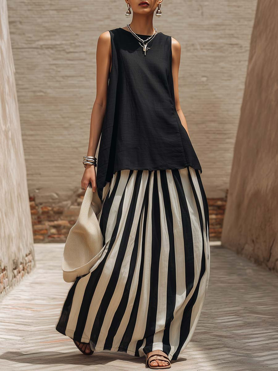 Sleeveless Striped Fashionable Vacation Set