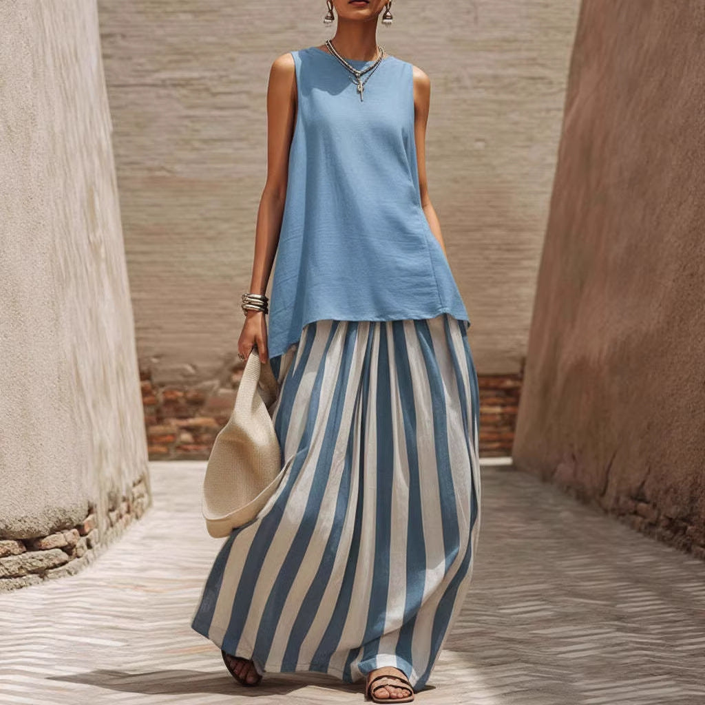 Sleeveless Striped Fashionable Vacation Set