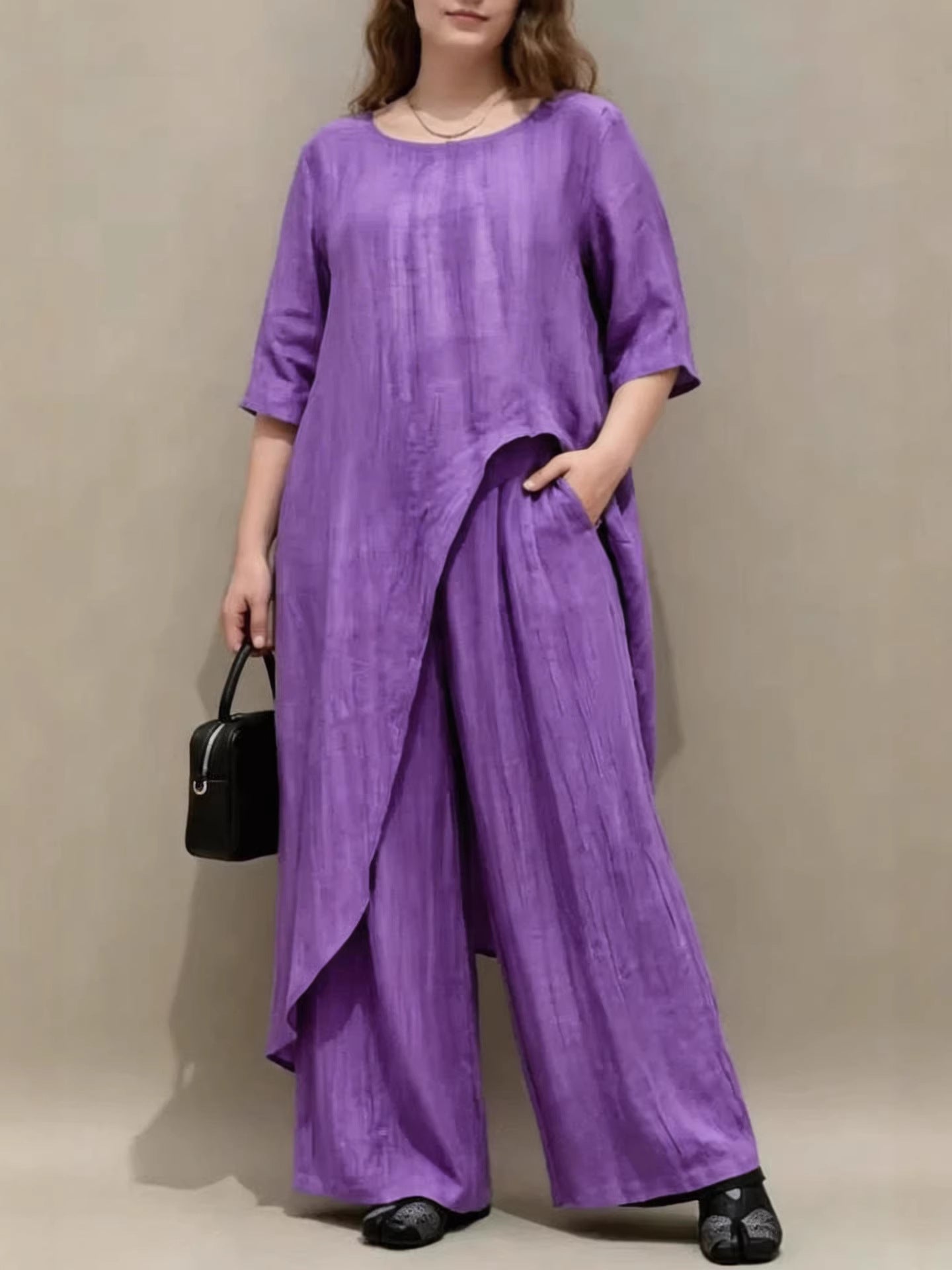 Womens Retro Casual Loose Top And Wide-Leg Pants Two-Piece Set