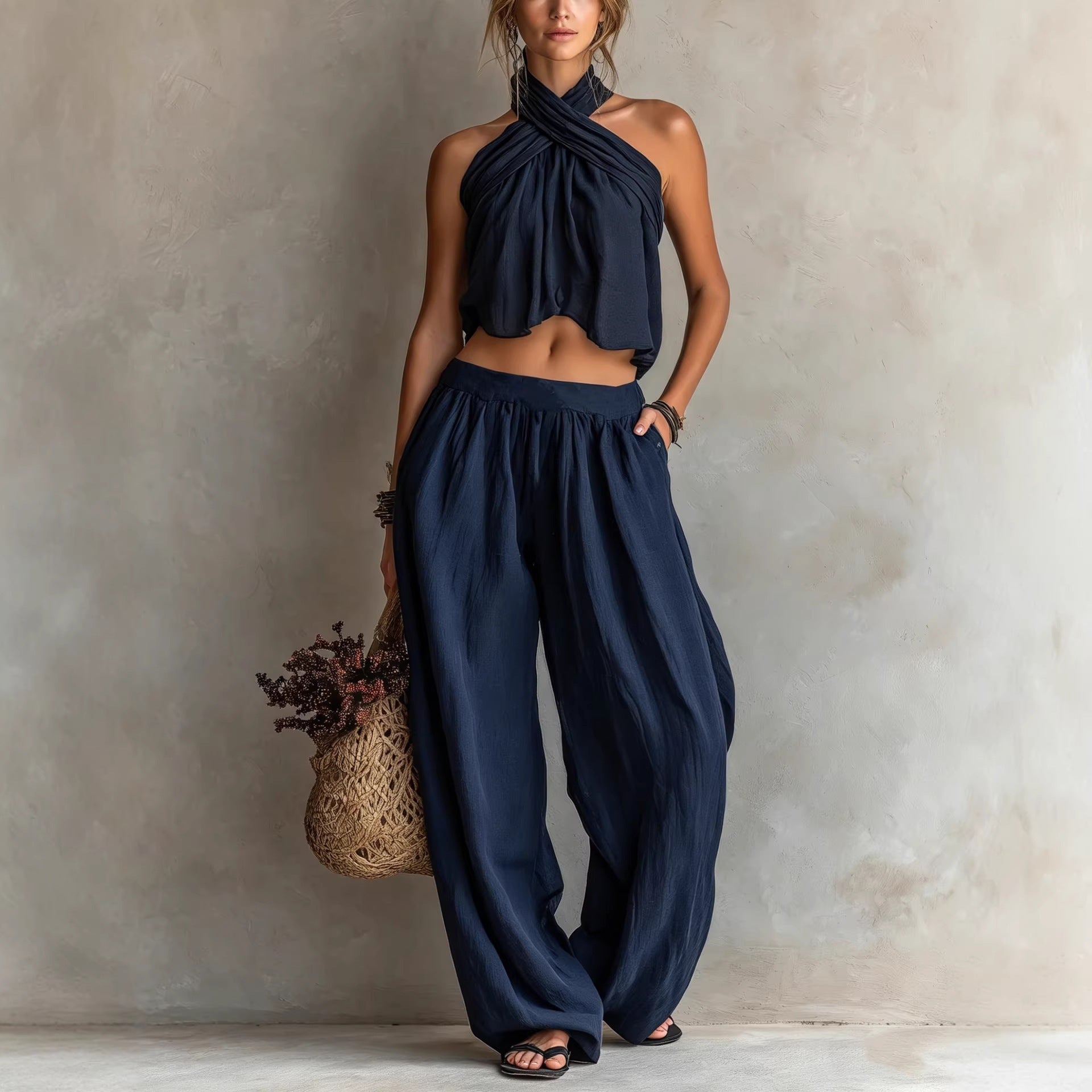 Womens Loose-Fit Sleeveless Top And Wide-Leg Pants Two-Piece Set