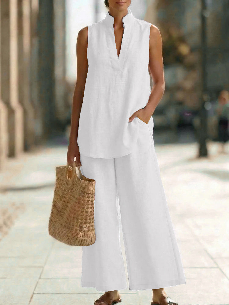 Women's Sleeveless V-Neck Casual Cotton And Linen Set