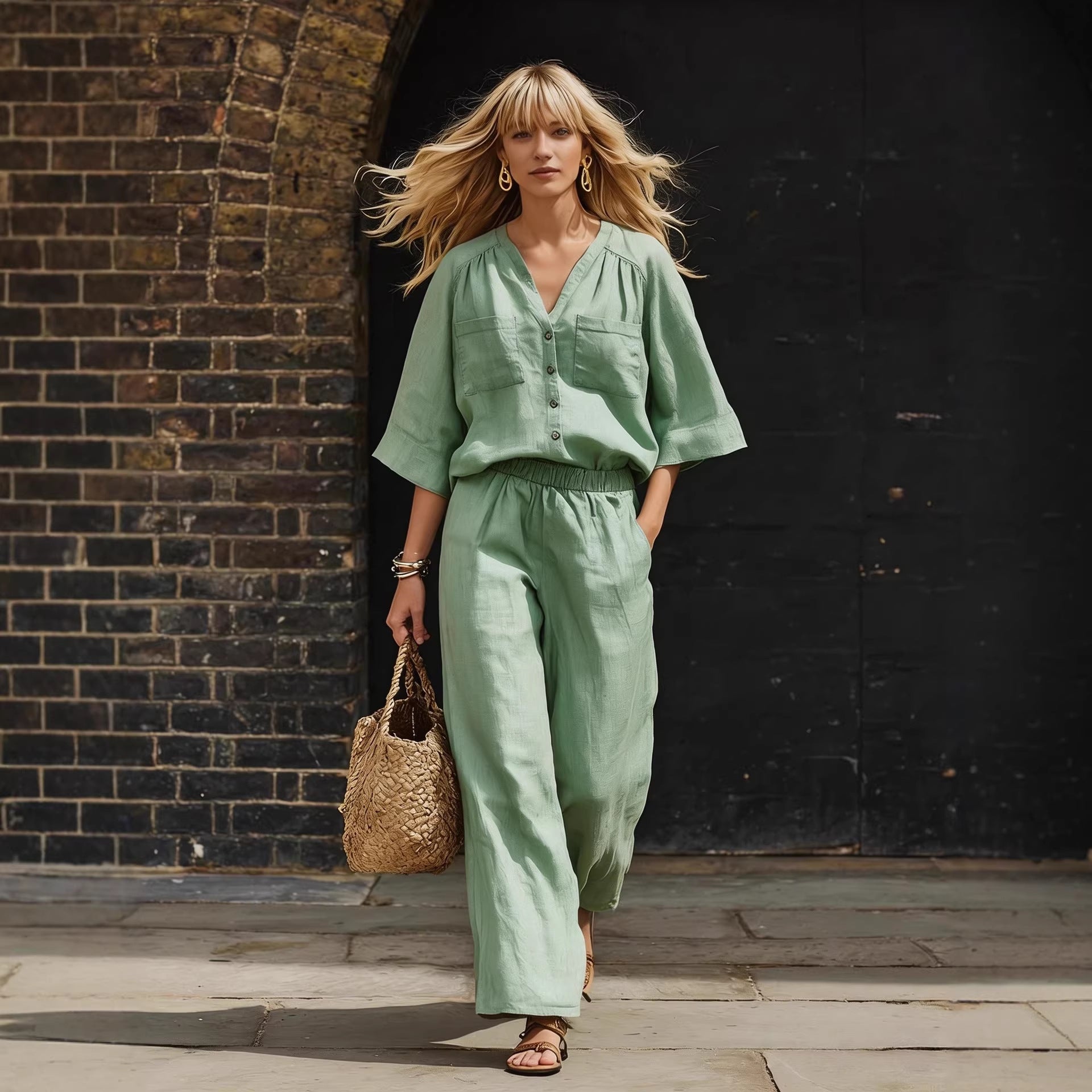 Womens Simple Button-Up Top And Wide-Leg Pants Linen Two-Piece Set