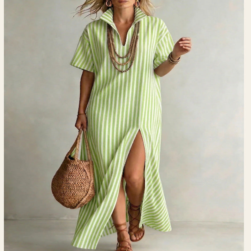 Womens V-neck Short-sleeve Striped Slit Cotton-Linen Dress