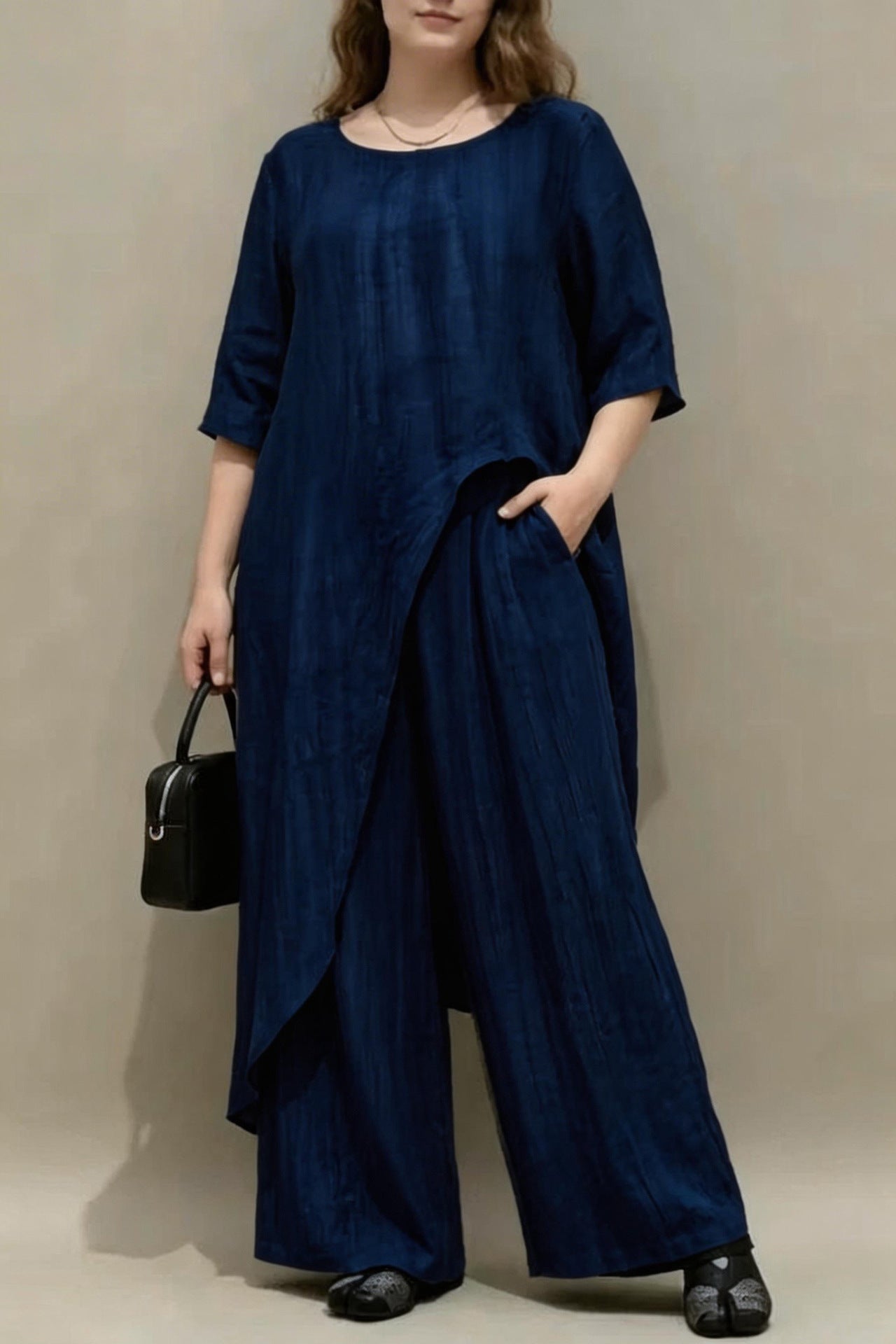 Womens Retro Casual Loose Top And Wide-Leg Pants Two-Piece Set