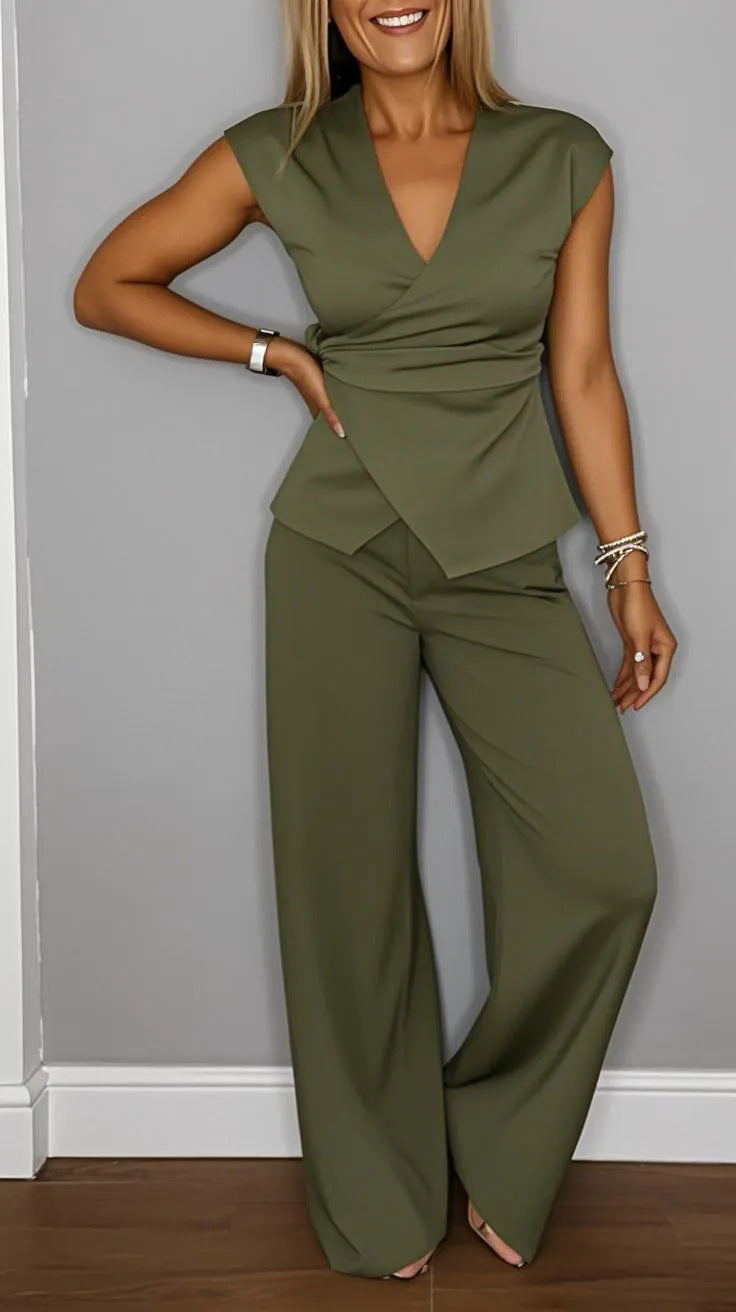 Solid-color Pleated Short-sleeve Pantsuit With Metal Buckles For Women