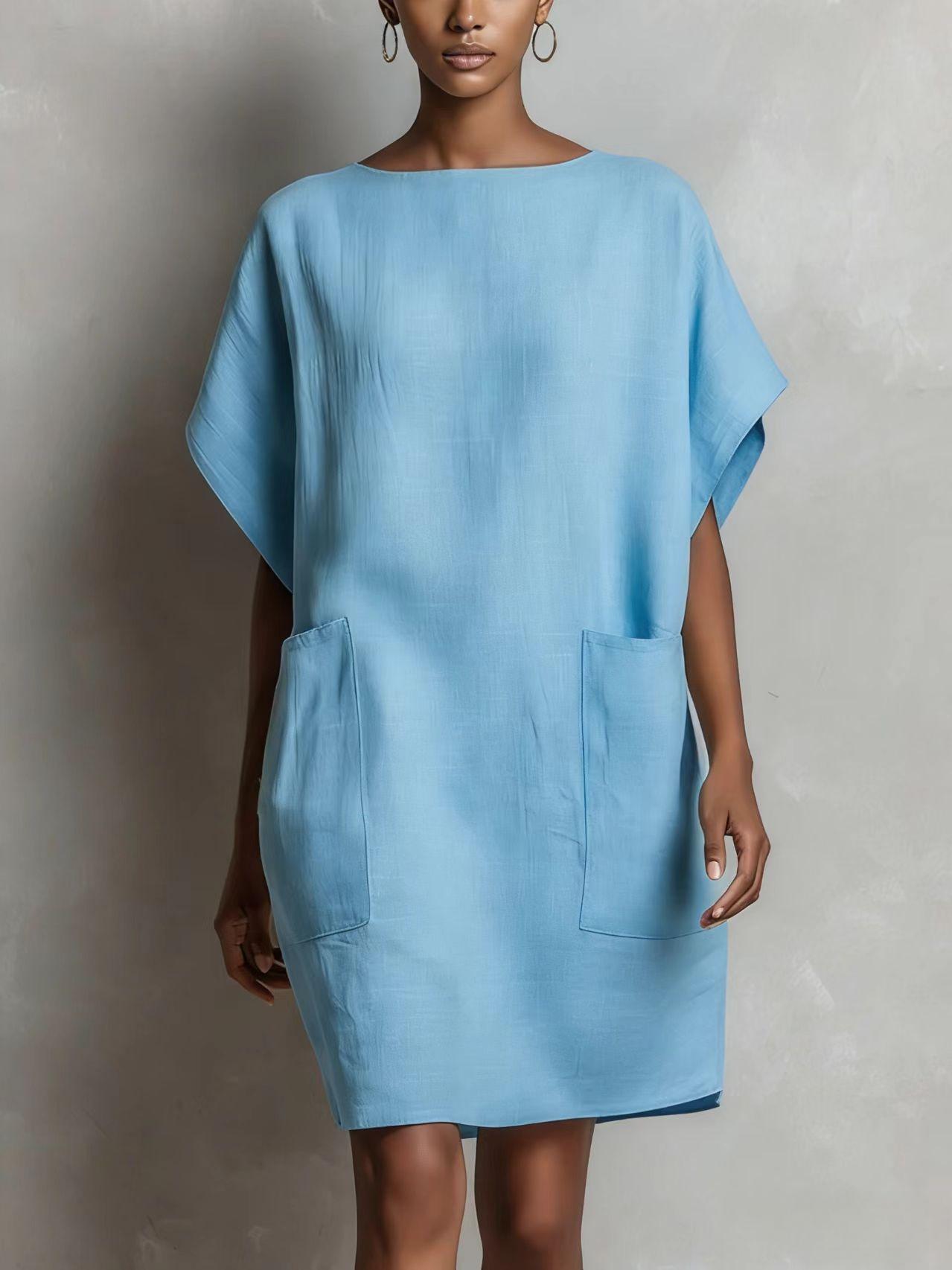 Womens Loose-Fitting Boatneck Dress With Batwing Sleeves And Large Pockets