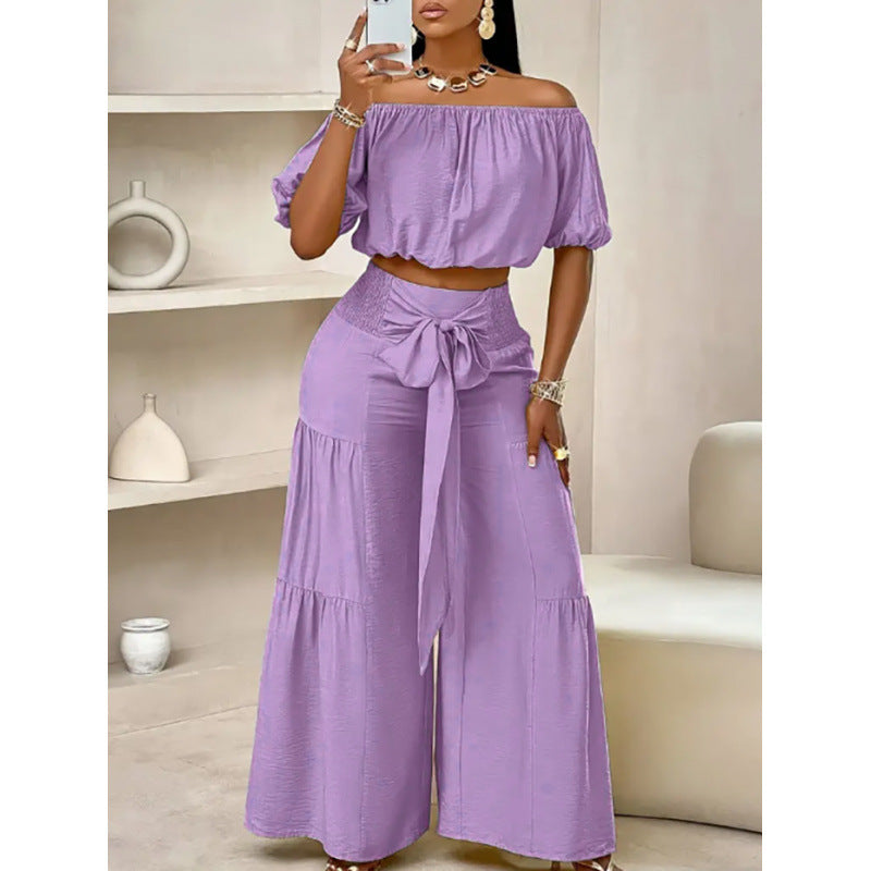 High-waisted Solid-color Flared Pants With Tie Detailing And A Flowing Drape