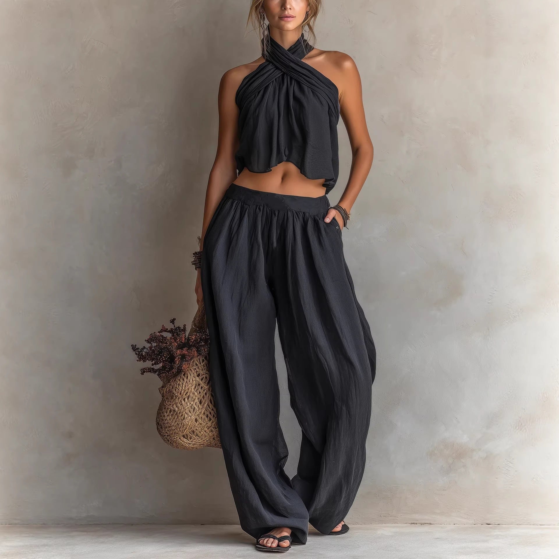Womens Loose-Fit Sleeveless Top And Wide-Leg Pants Two-Piece Set