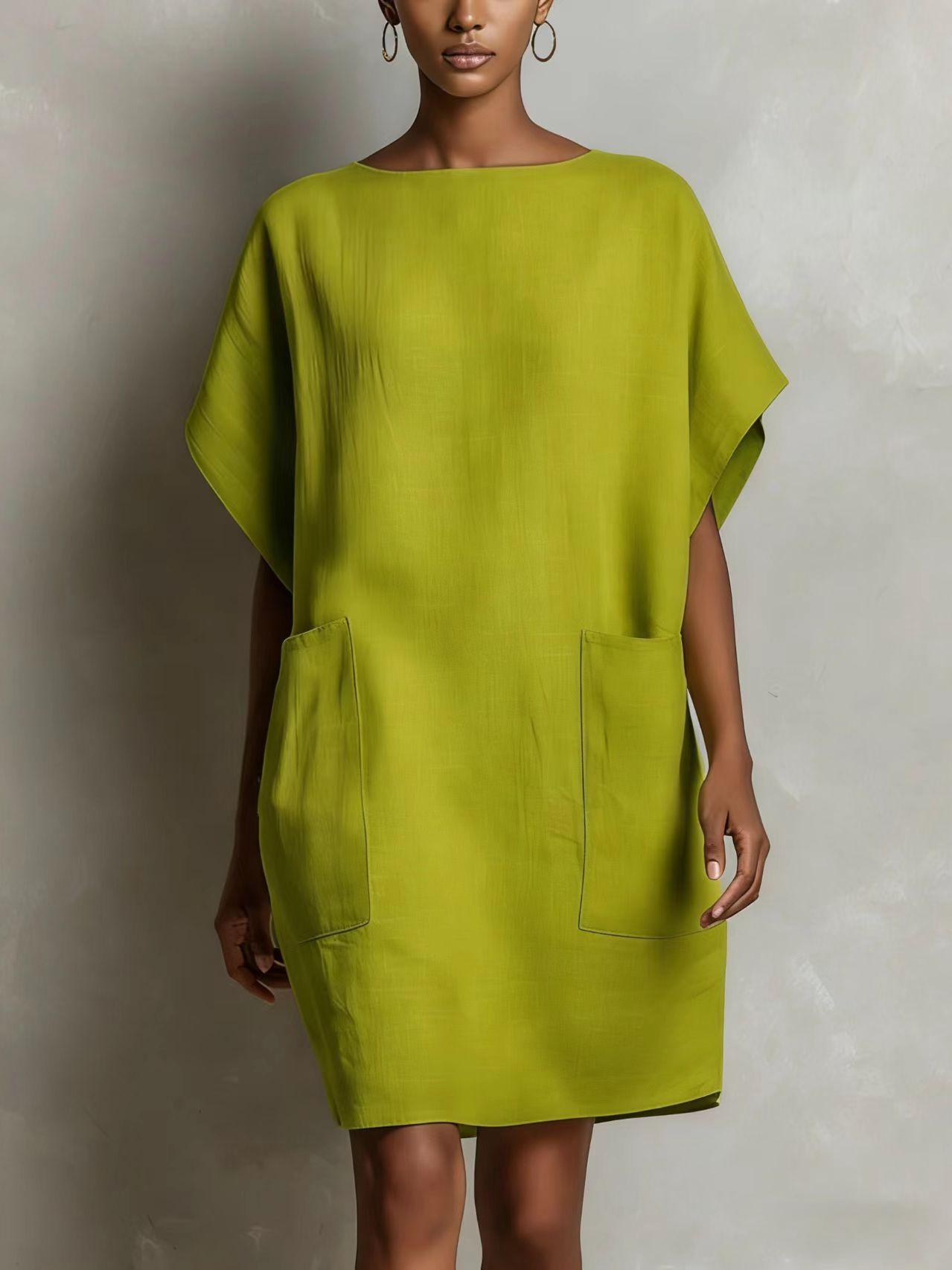 Womens Loose-Fitting Boatneck Dress With Batwing Sleeves And Large Pockets