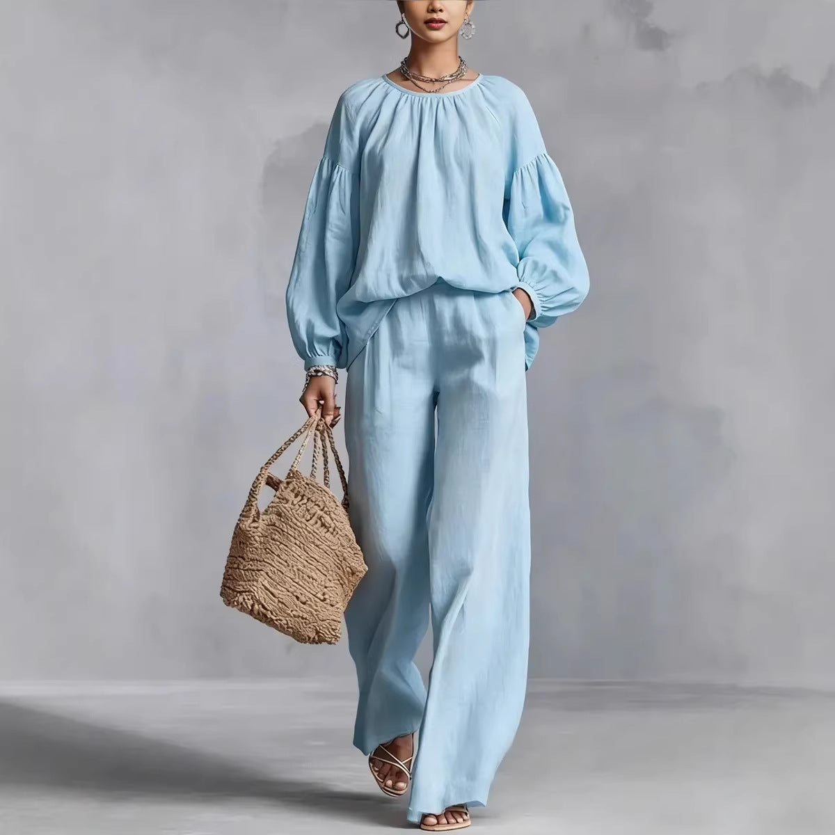 Women's Cotton-Linen Lantern-Sleeve Wide-Leg Pants Set