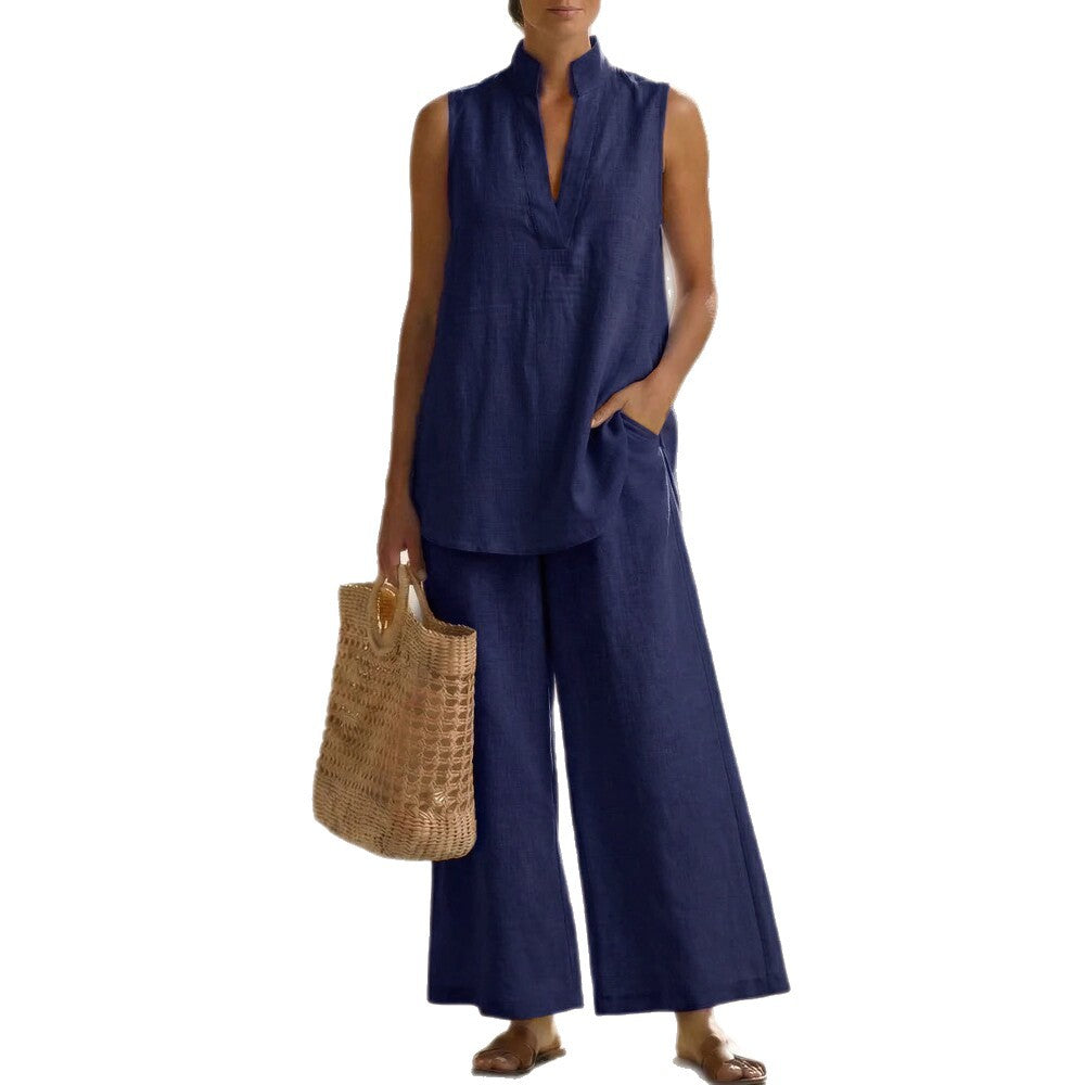Women's Sleeveless V-Neck Casual Cotton And Linen Set