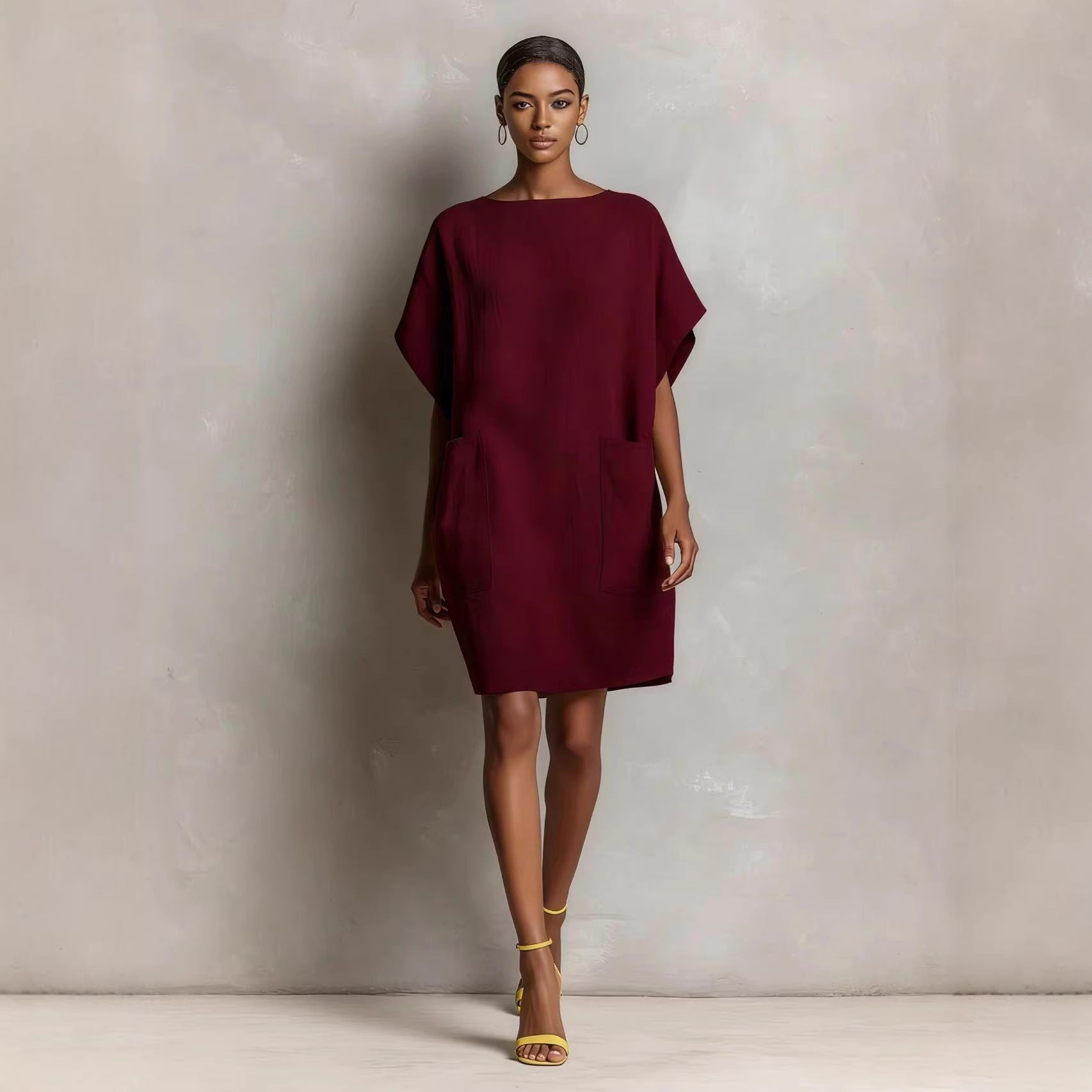Womens Loose-Fitting Boatneck Dress With Batwing Sleeves And Large Pockets