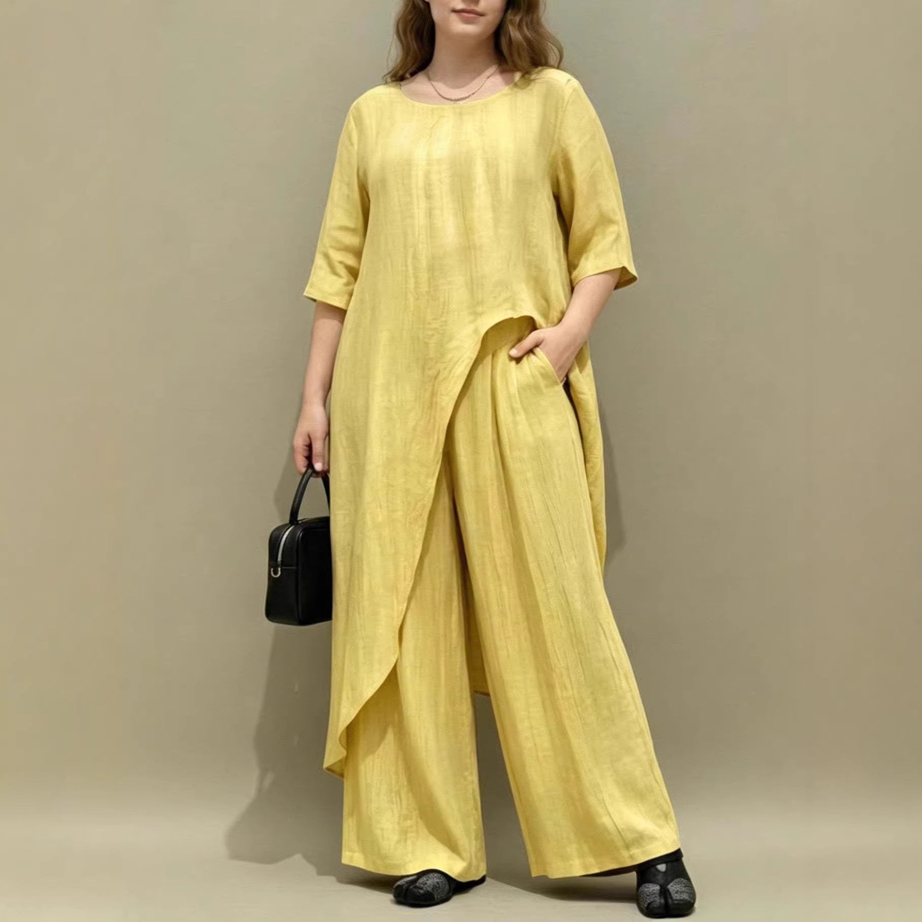 Womens Retro Casual Loose Top And Wide-Leg Pants Two-Piece Set