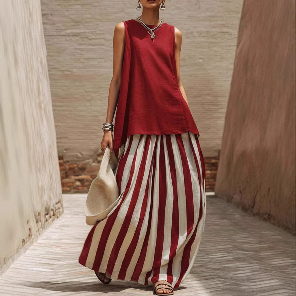 Sleeveless Striped Fashionable Vacation Set