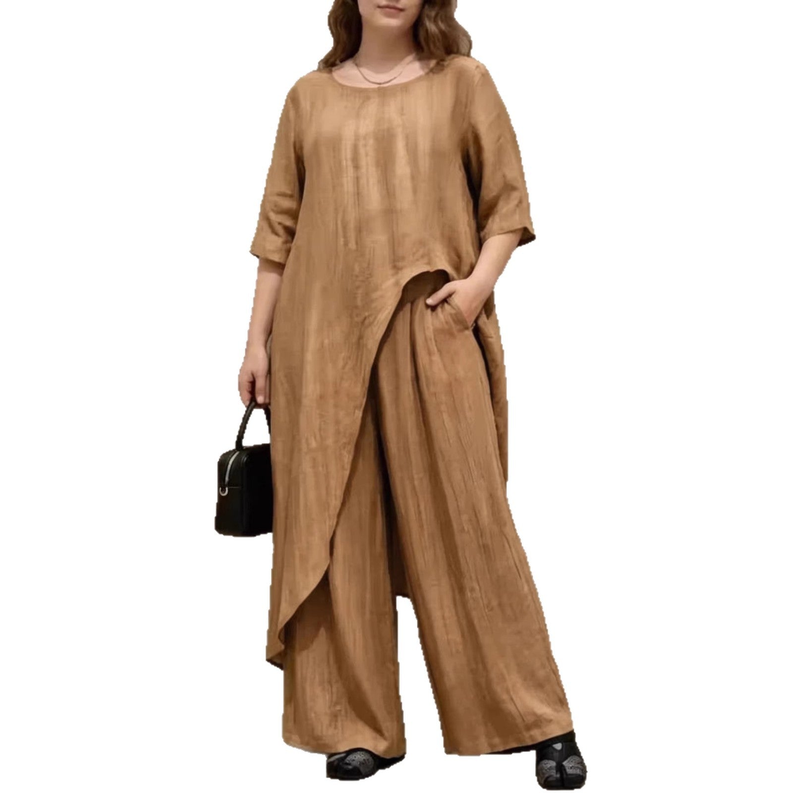 Womens Retro Casual Loose Top And Wide-Leg Pants Two-Piece Set