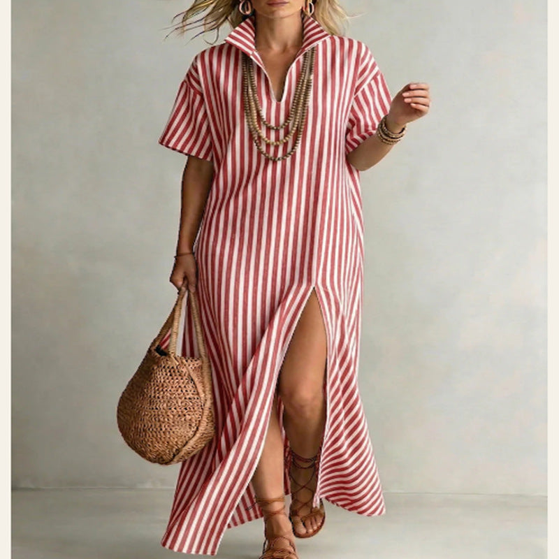 Womens V-neck Short-sleeve Striped Slit Cotton-Linen Dress