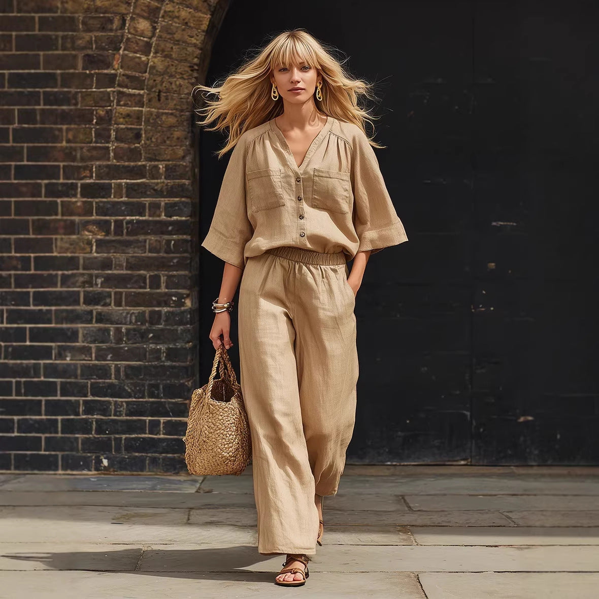 Womens Simple Button-Up Top And Wide-Leg Pants Linen Two-Piece Set