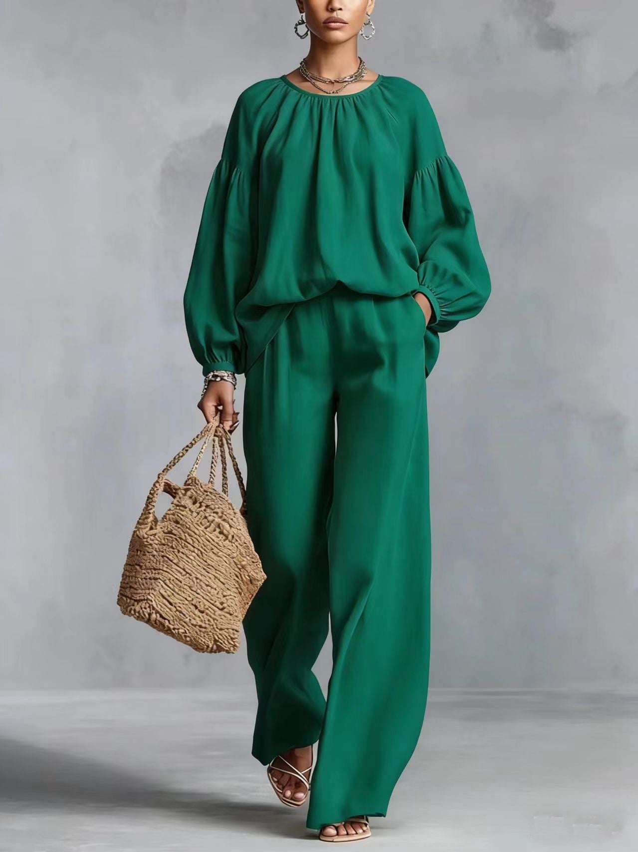 Women's Cotton-Linen Lantern-Sleeve Wide-Leg Pants Set
