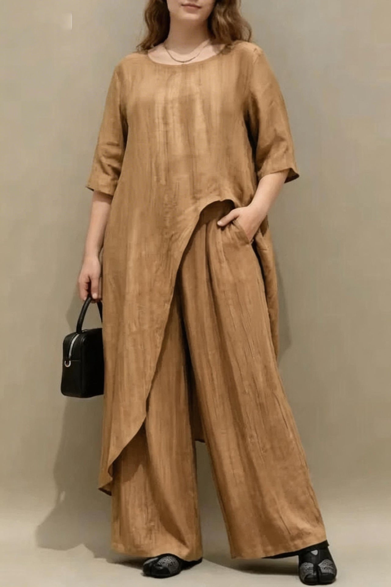 Womens Retro Casual Loose Top And Wide-Leg Pants Two-Piece Set