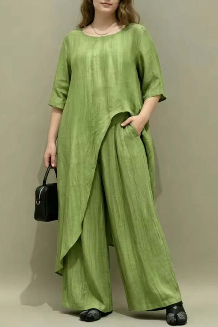 Womens Retro Casual Loose Top And Wide-Leg Pants Two-Piece Set