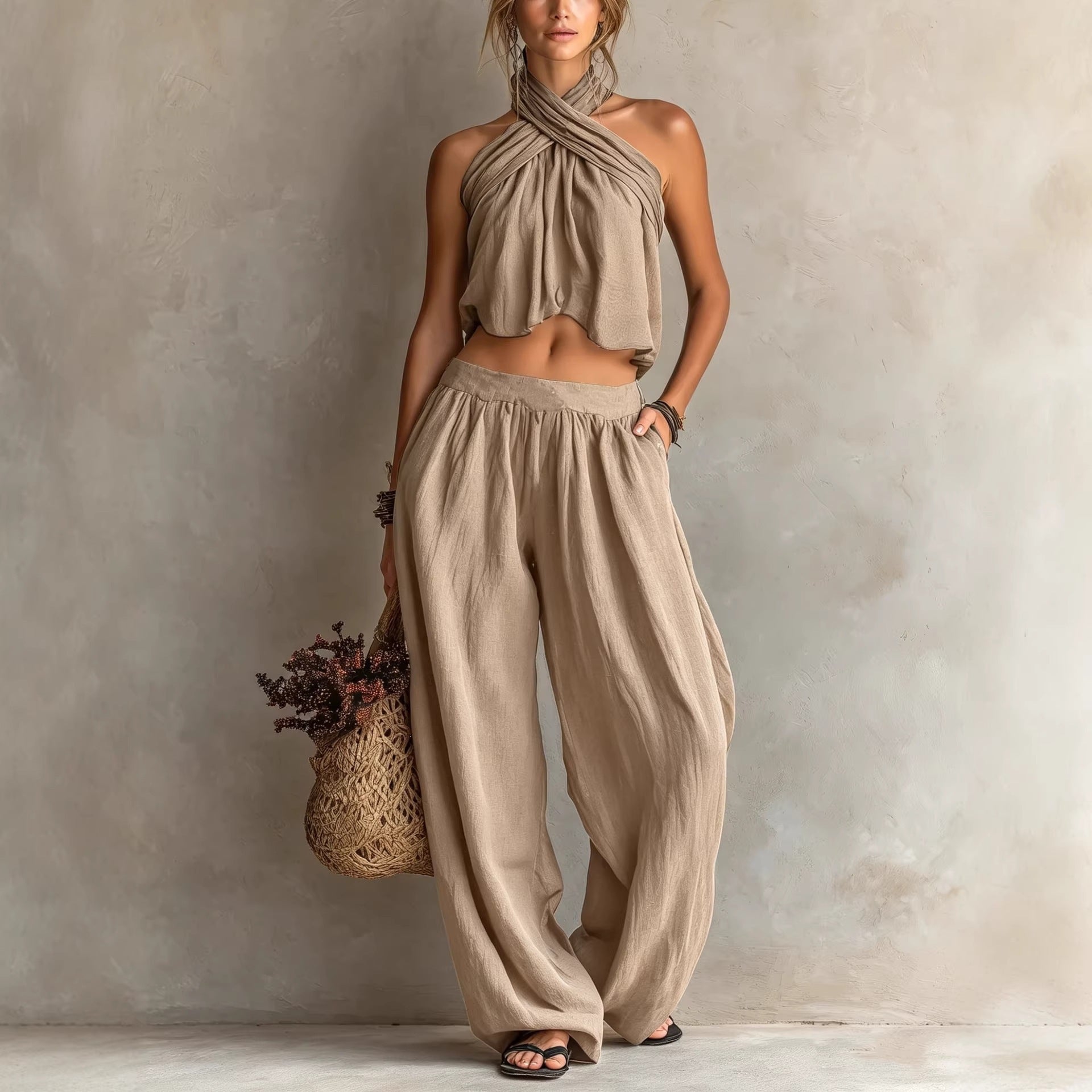 Womens Loose-Fit Sleeveless Top And Wide-Leg Pants Two-Piece Set