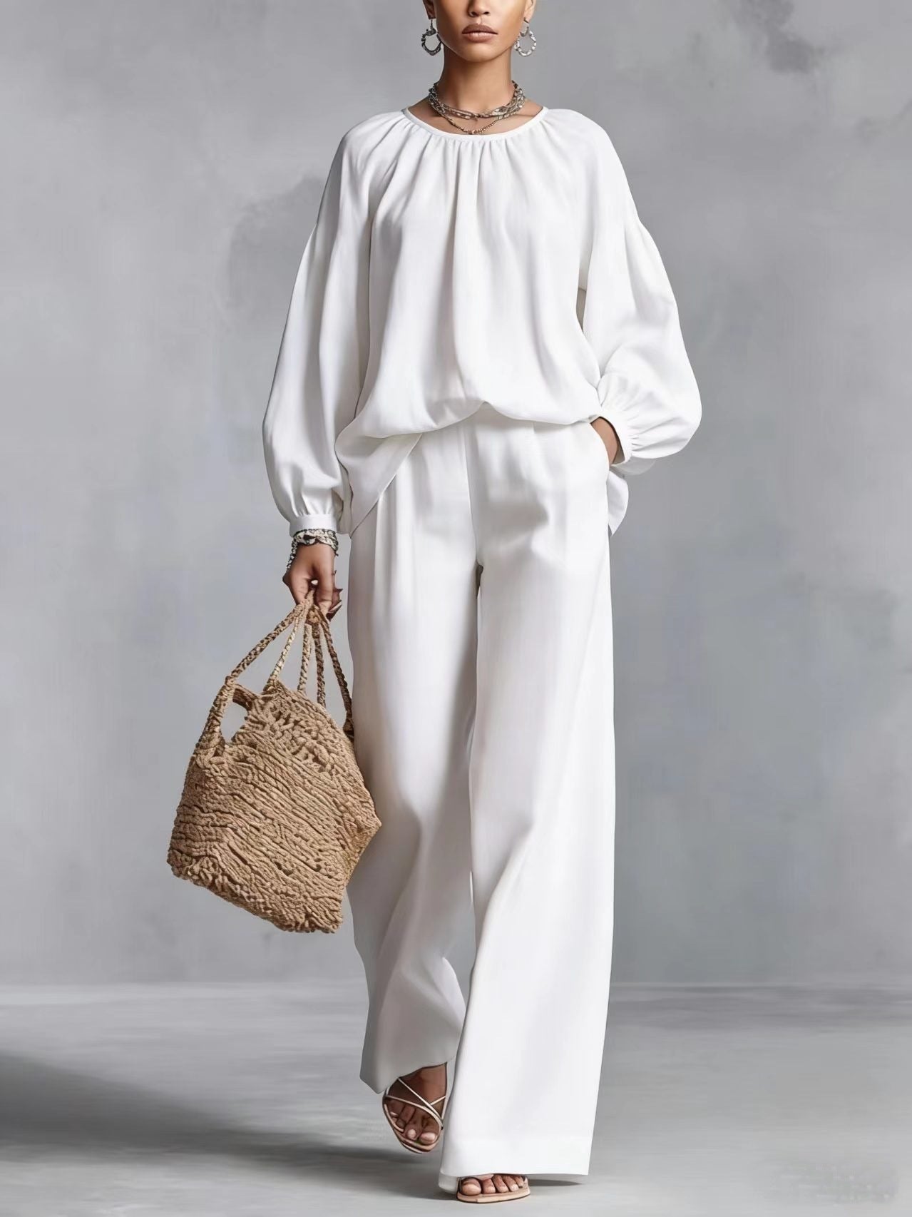 Women's Cotton-Linen Lantern-Sleeve Wide-Leg Pants Set