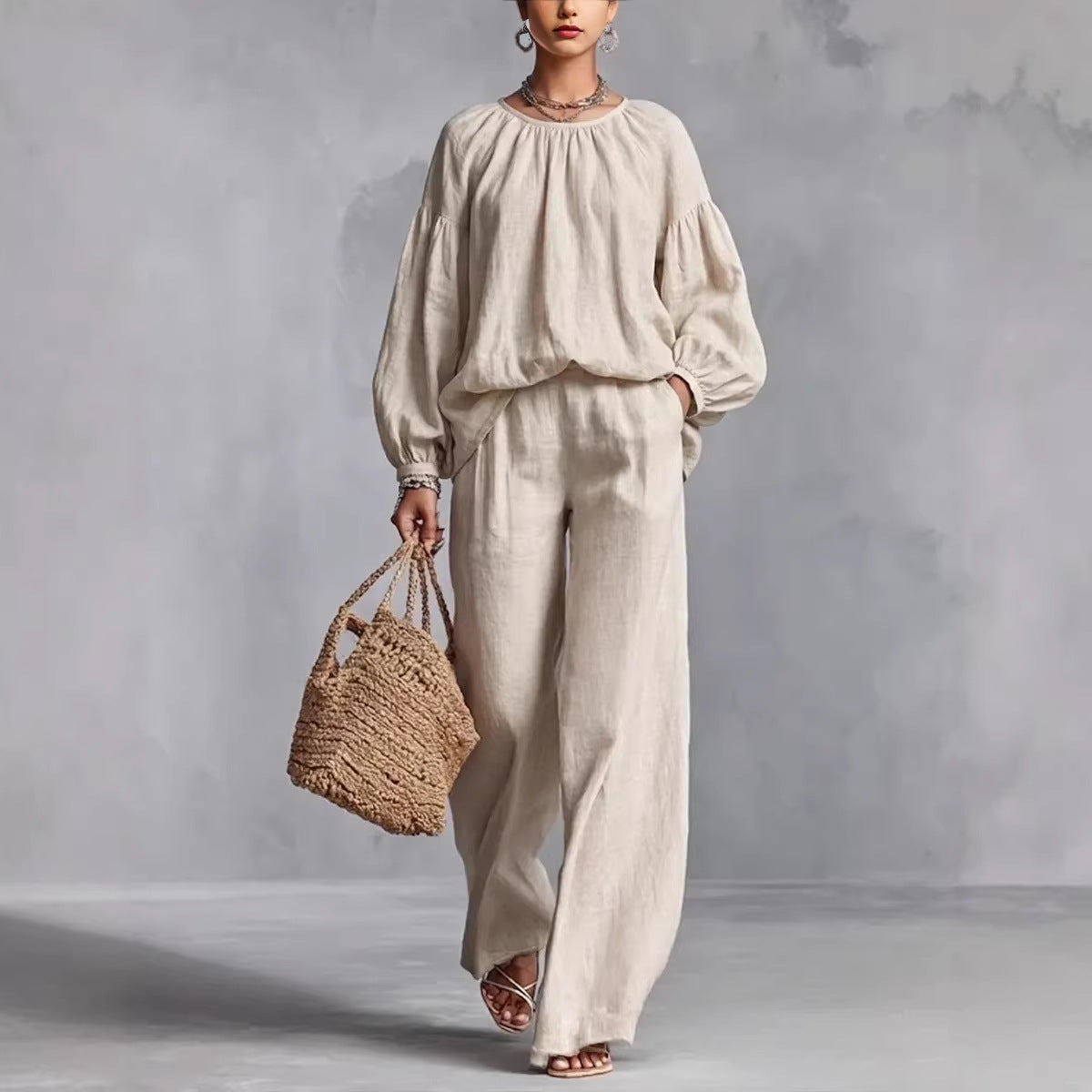 Women's Cotton-Linen Lantern-Sleeve Wide-Leg Pants Set