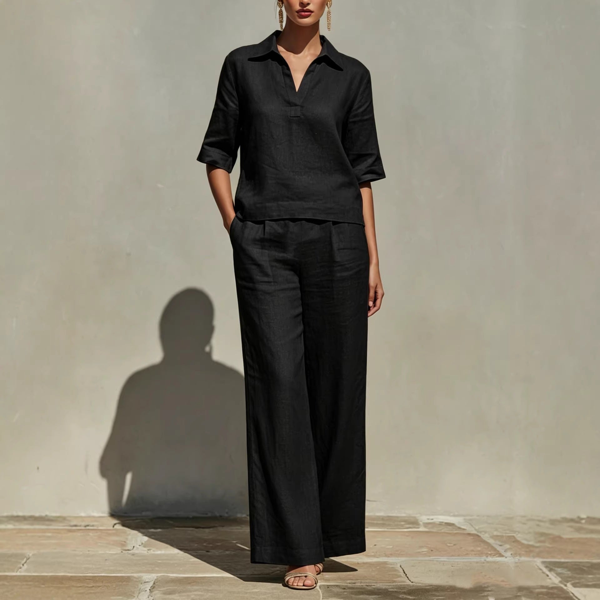 Women's Solid-Colored Casual Linen Two-Piece Set