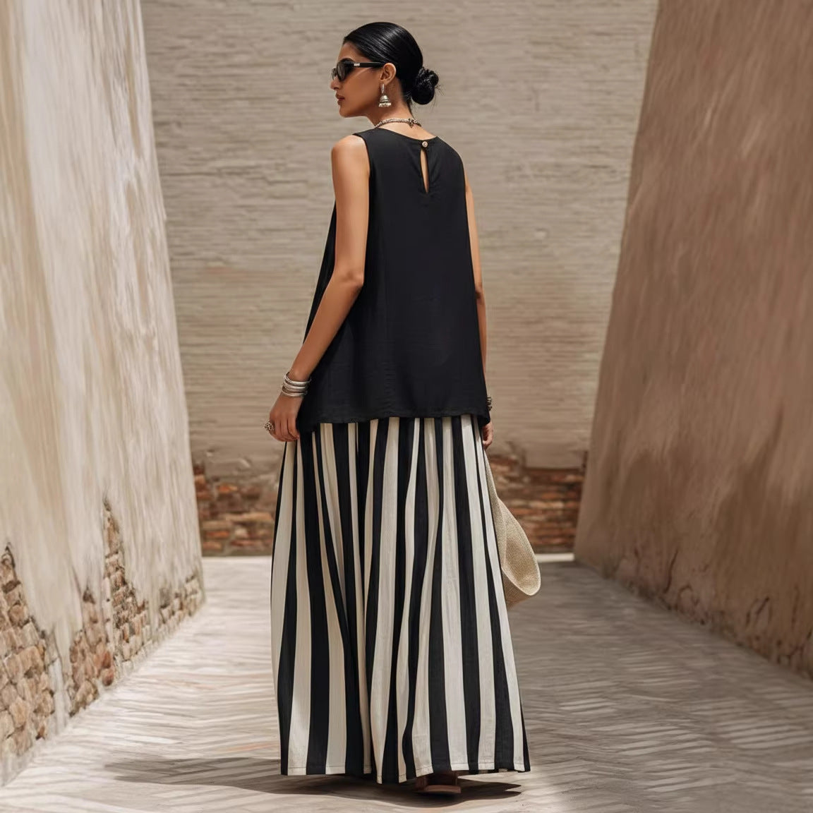 Sleeveless Striped Fashionable Vacation Set