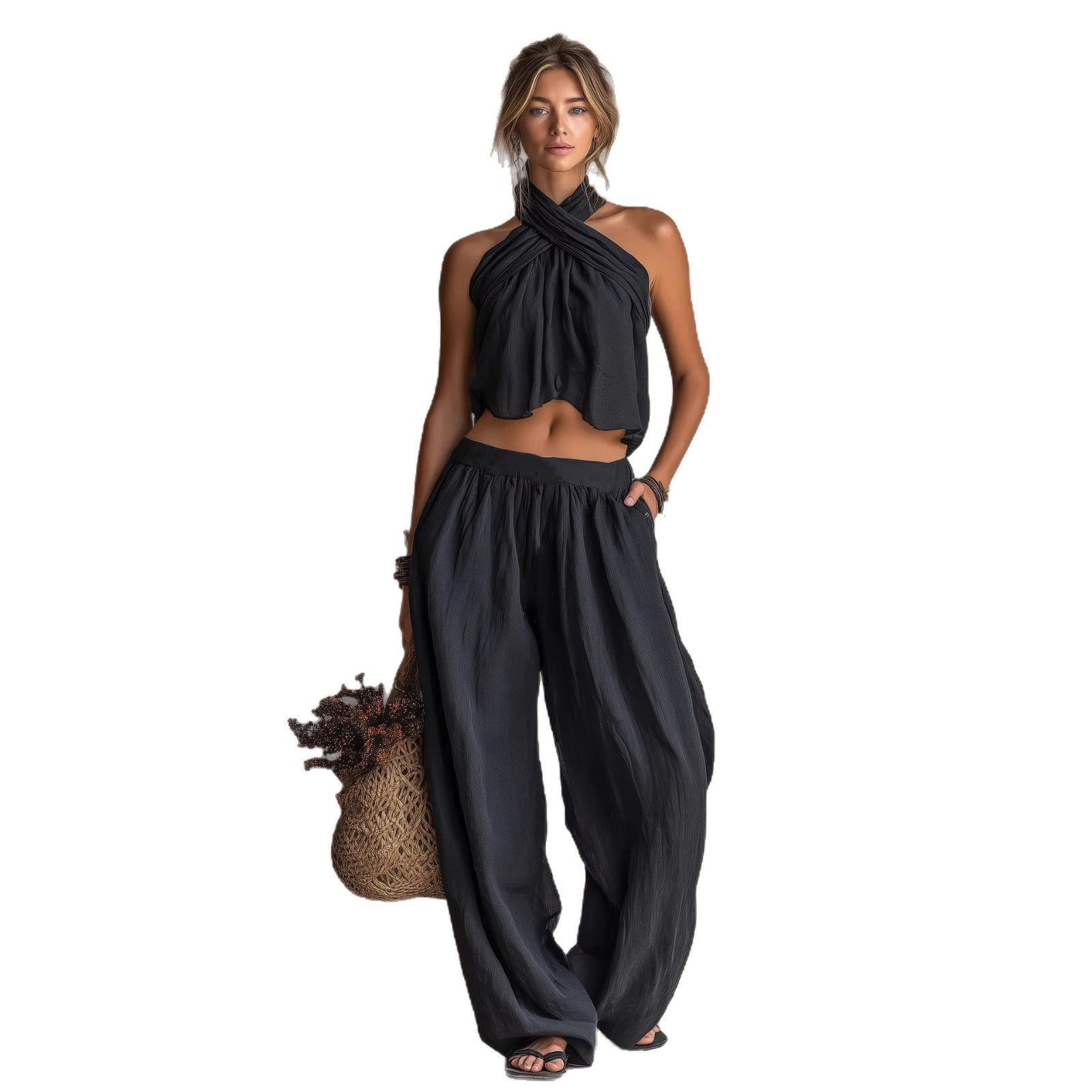 Womens Loose-Fit Sleeveless Top And Wide-Leg Pants Two-Piece Set