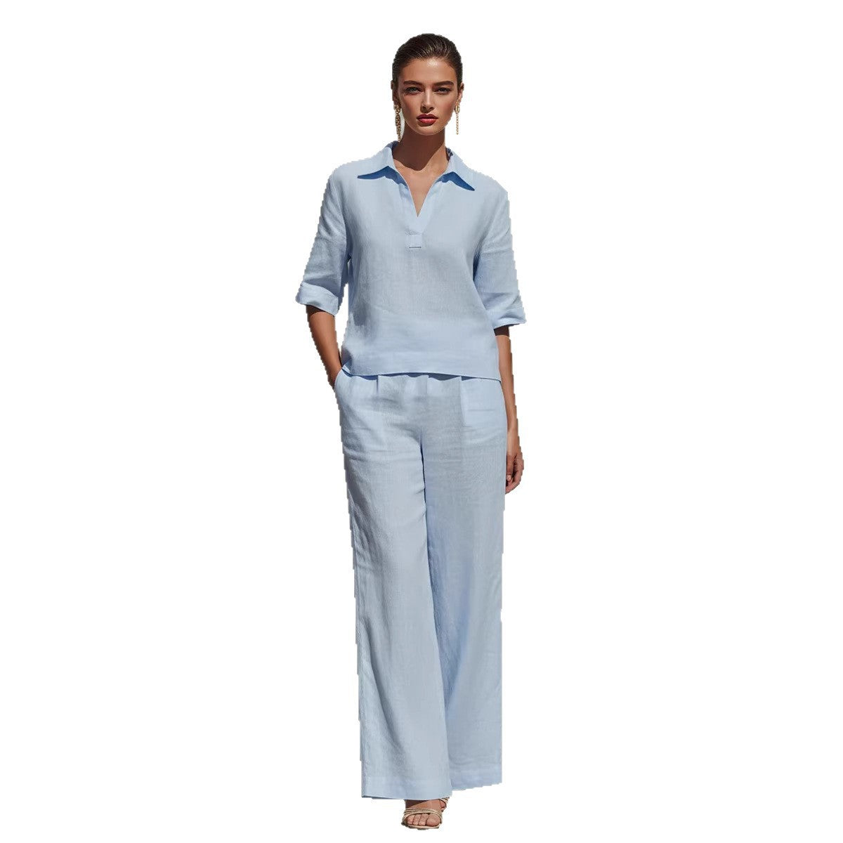 Women's Solid-Colored Casual Linen Two-Piece Set