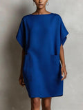 Womens Loose-Fitting Boatneck Dress With Batwing Sleeves And Large Pockets