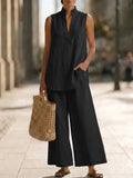 Women's Sleeveless V-Neck Casual Cotton And Linen Set