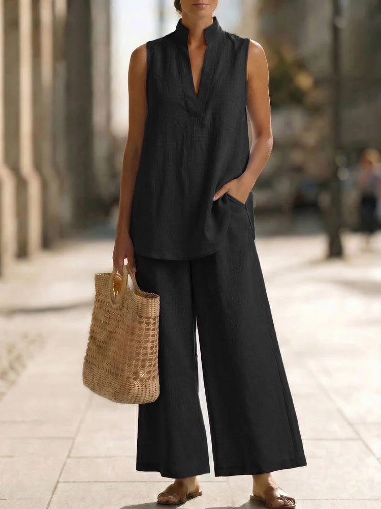 Women's Sleeveless V-Neck Casual Cotton And Linen Set