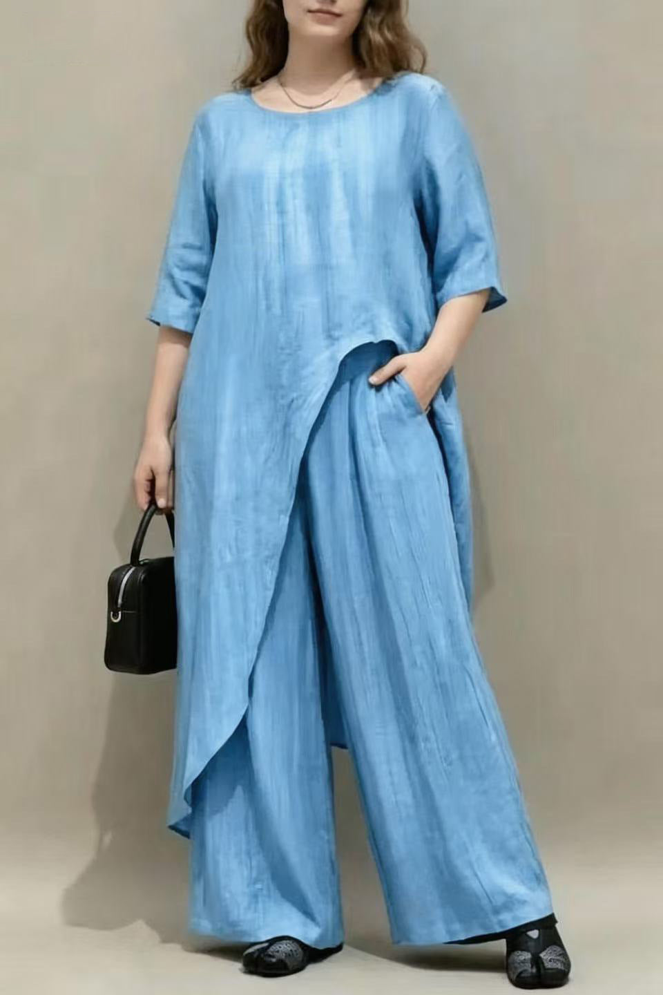 Womens Retro Casual Loose Top And Wide-Leg Pants Two-Piece Set