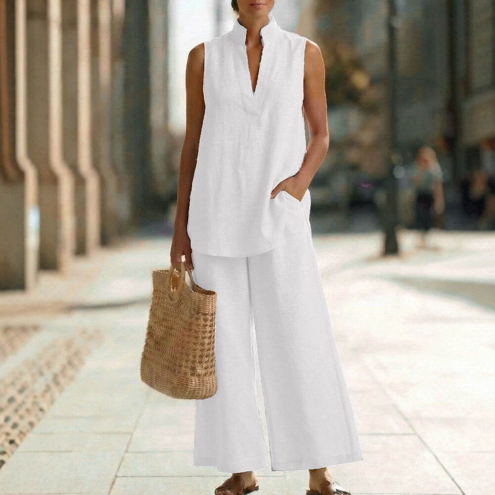 Women's Sleeveless V-Neck Casual Cotton And Linen Set