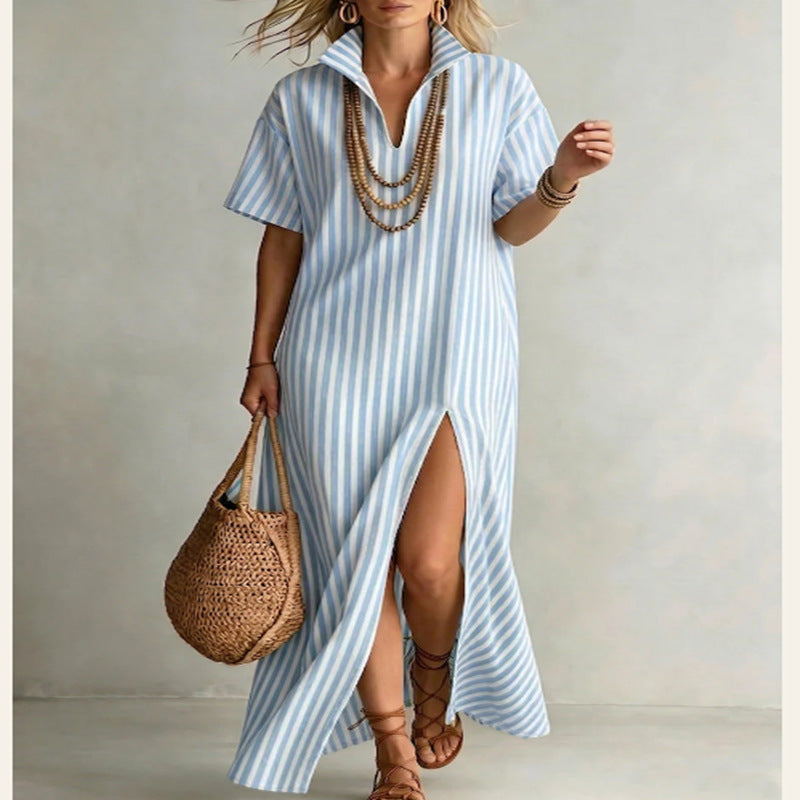 Womens V-neck Short-sleeve Striped Slit Cotton-Linen Dress