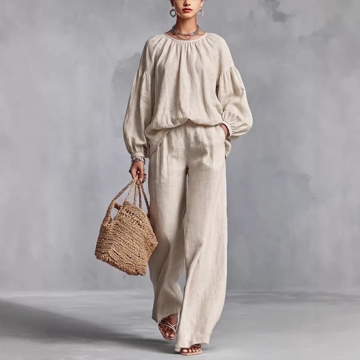 Women's Cotton-Linen Lantern-Sleeve Wide-Leg Pants Set